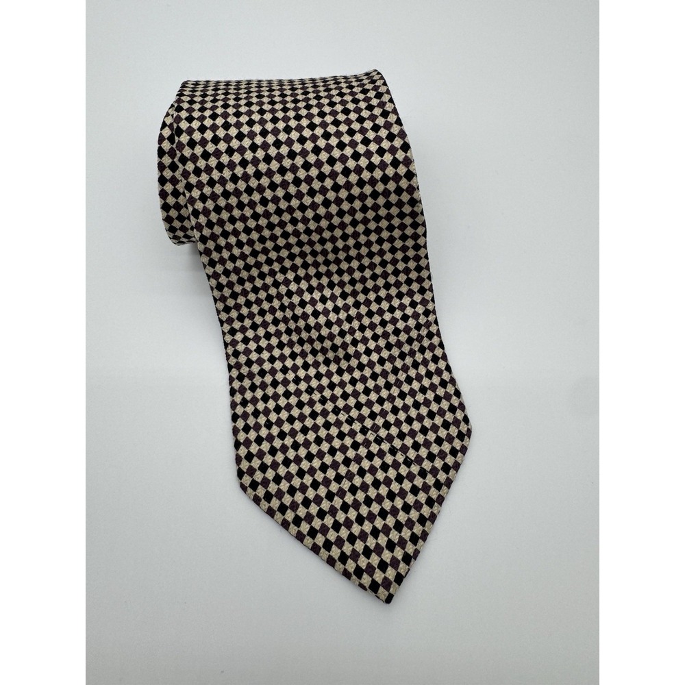 Hugo‎ Boss BOSS Silk Tie Black Burgundy Geometric Check Pattern Made in Italy